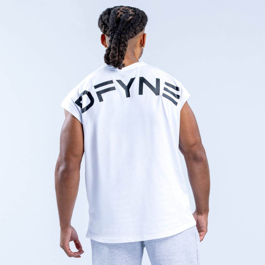 White sleeveless tank top, back view, large stylized logo
