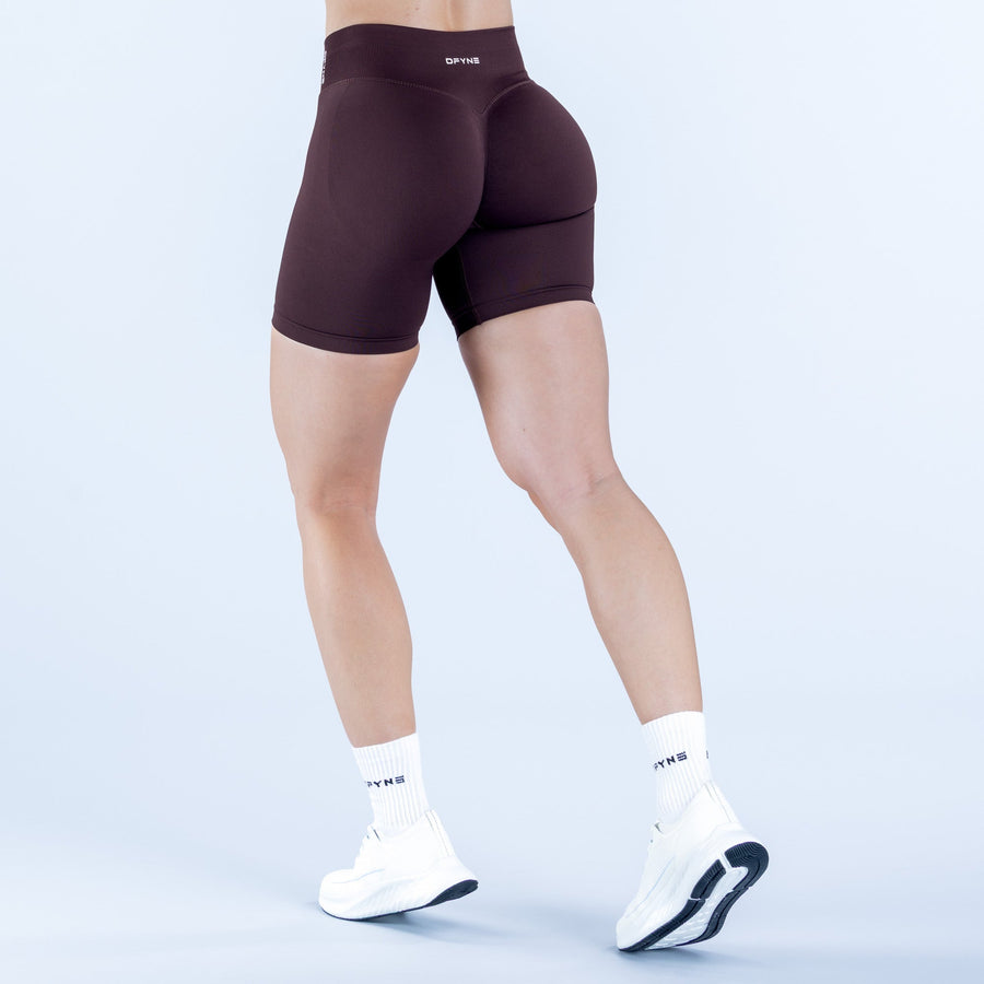 Women's impact athletic shorts, dark burgundy, side view