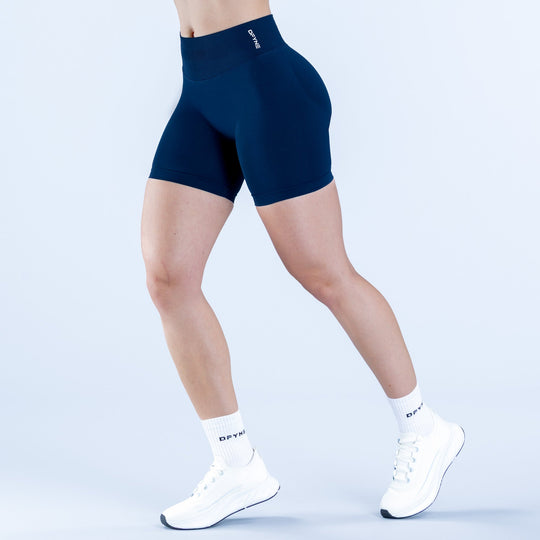 Navy impact shorts, 6.5-inch inseam, fitted athletic style with small logo