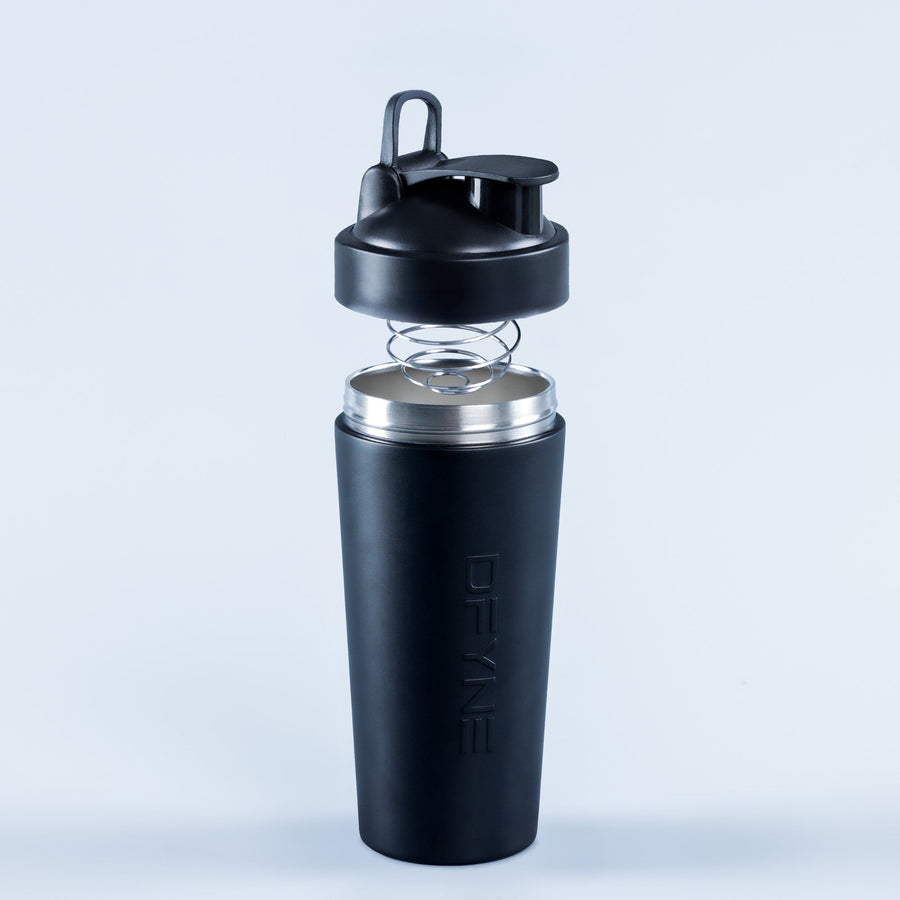 Black shaker bottle with screw lid and carry loop