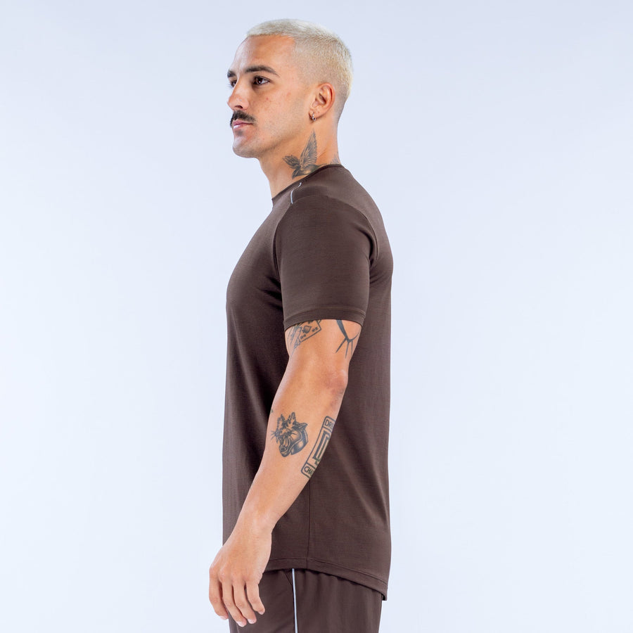 Men's dark brown short-sleeve crewneck active top, side view