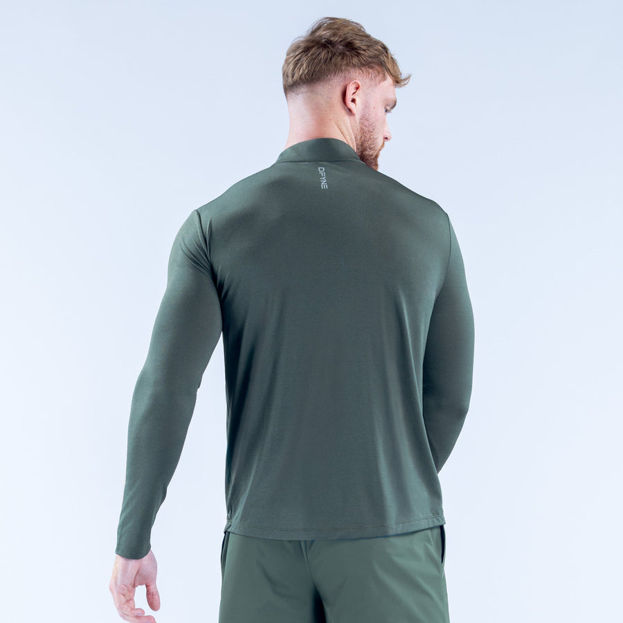 Men's olive green quarter-zip long-sleeve performance top, back view