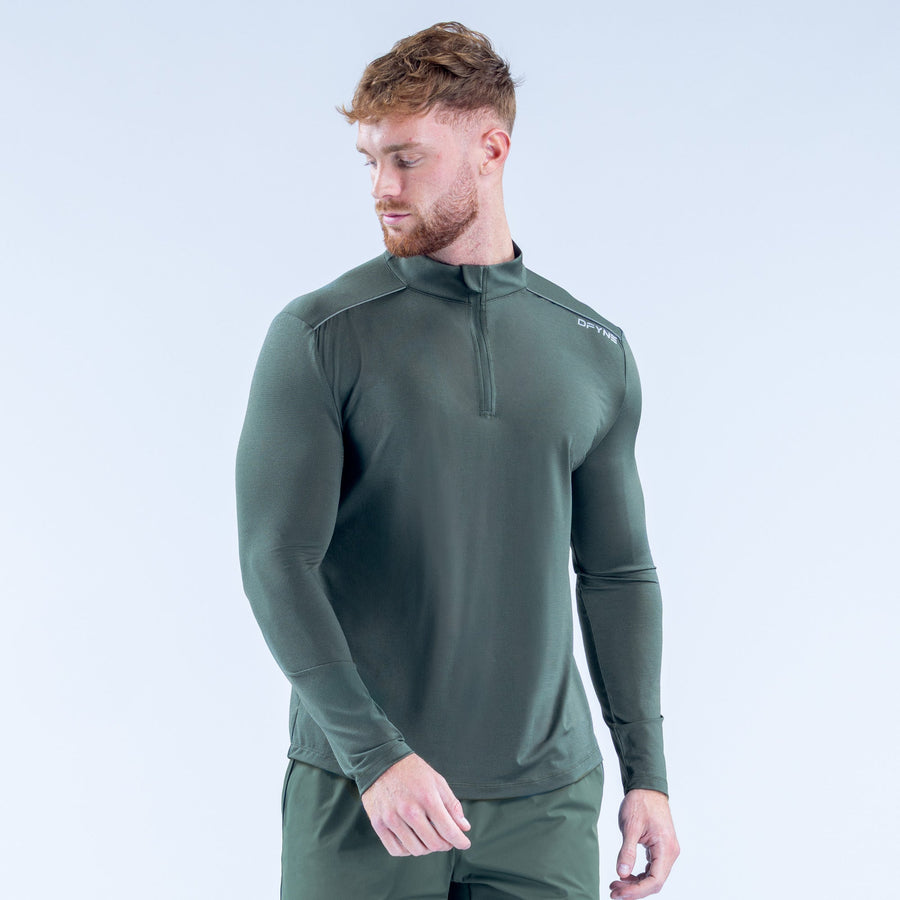 Men's olive green quarter-zip long-sleeve performance top with front zipper