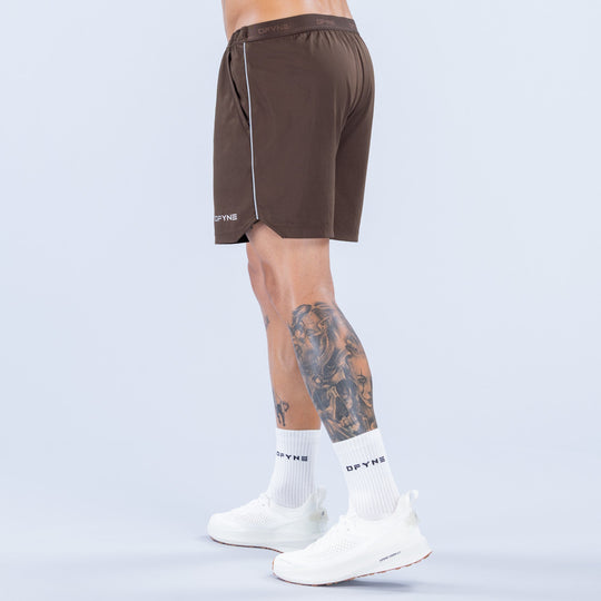 6-inch training shorts with drawcord, dark brown, side stripe detail, elastic waistband