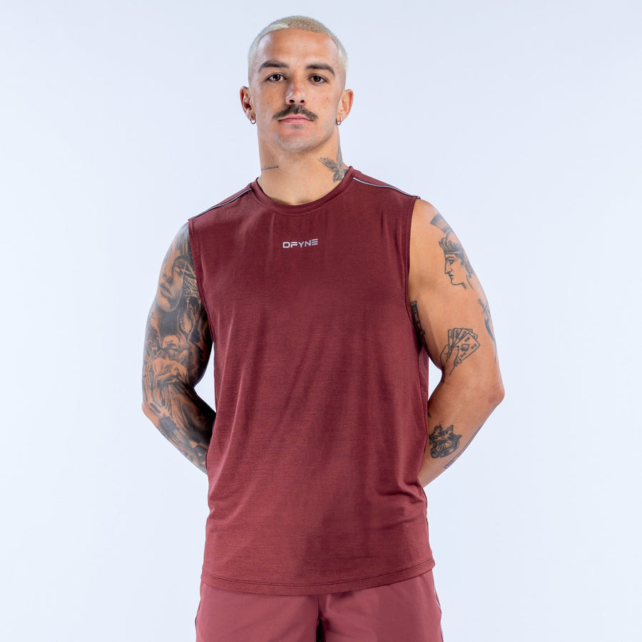 Burgundy sleeveless tank top with crew neck and small chest logo