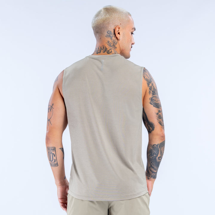 Beige sleeveless crew-neck tank top, back view with straight armholes