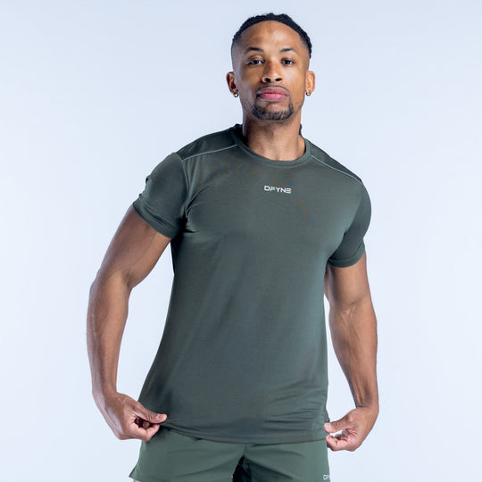 Men's dark green athletic T-shirt, crew neck short sleeves, chest logo