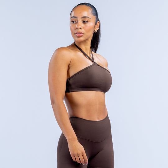 Dark brown high-neck halter bra with supportive front and halter strap