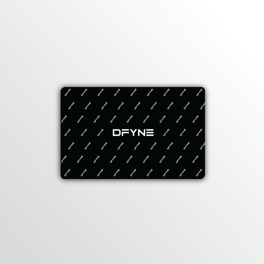 DFYNE digital gift card with repeating logo pattern on black background