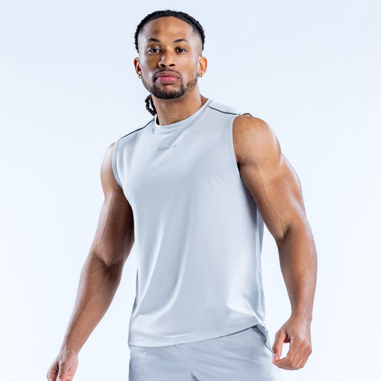 Light blue sleeveless tank top with crew neck, minimal logo on chest