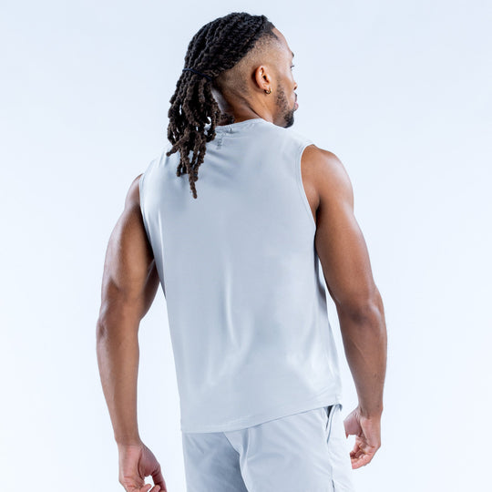 Light blue sleeveless tank top, racerback style, logo on upper back
