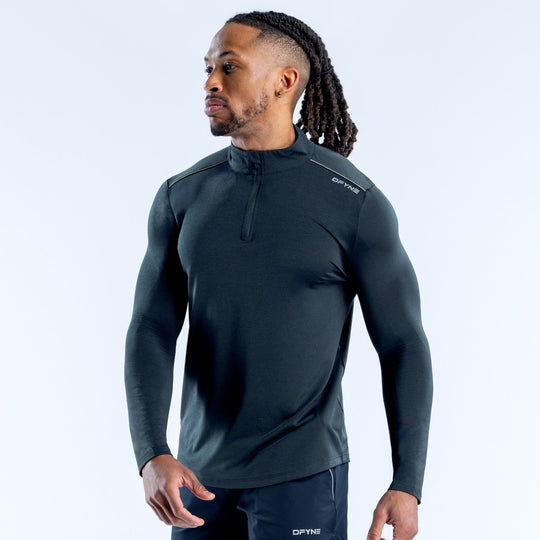 Dark quarter-zip athletic pullover with stand collar and long sleeves, side view