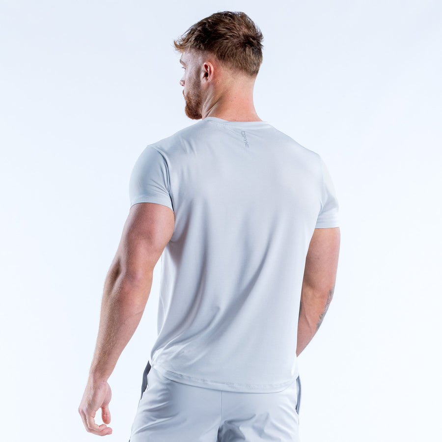 Light blue performance crew-neck T-shirt from back view, short sleeves