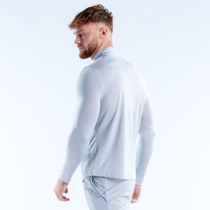 Men's light blue quarter-zip pullover, side view with long sleeves