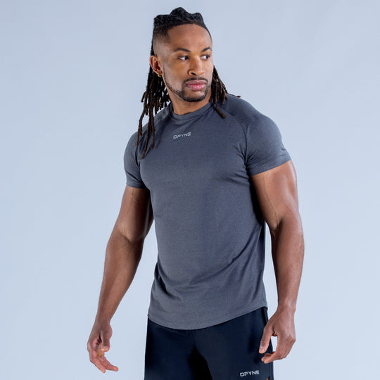 Men's training T-shirt, dark gray crew neck with small chest logo