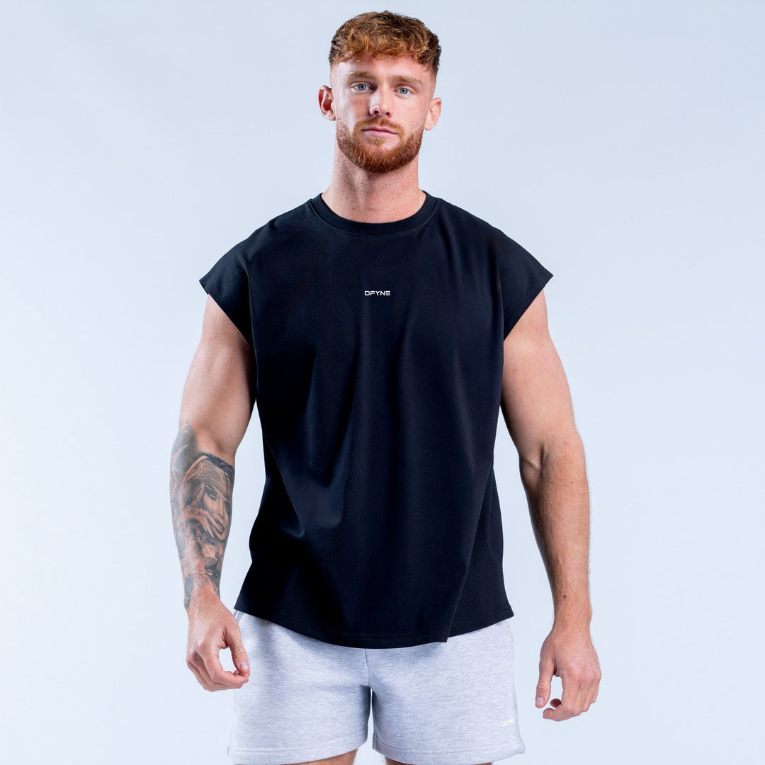 Black sleeveless crew-neck Signature tank with small DFYN logo at chest