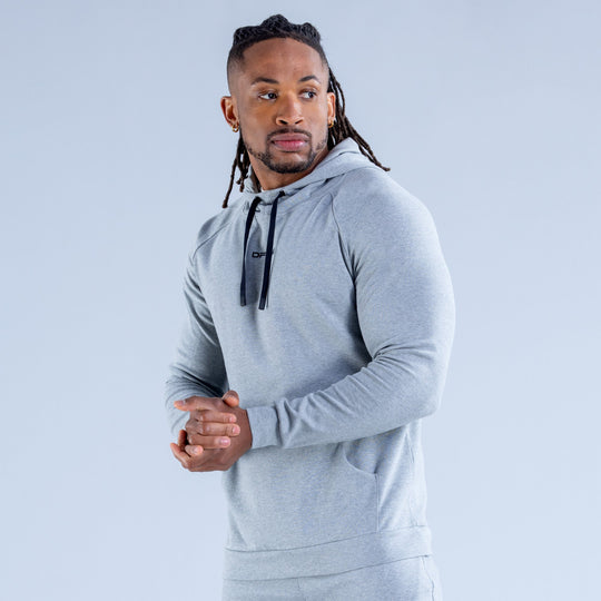 Light gray midweight pullover hoodie with hood drawstrings and kangaroo pocket