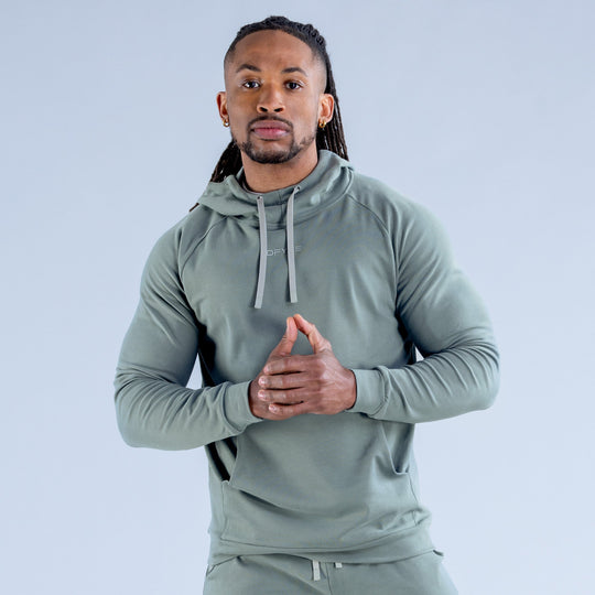 Sage green midweight hoodie with drawstring hood and kangaroo pocket