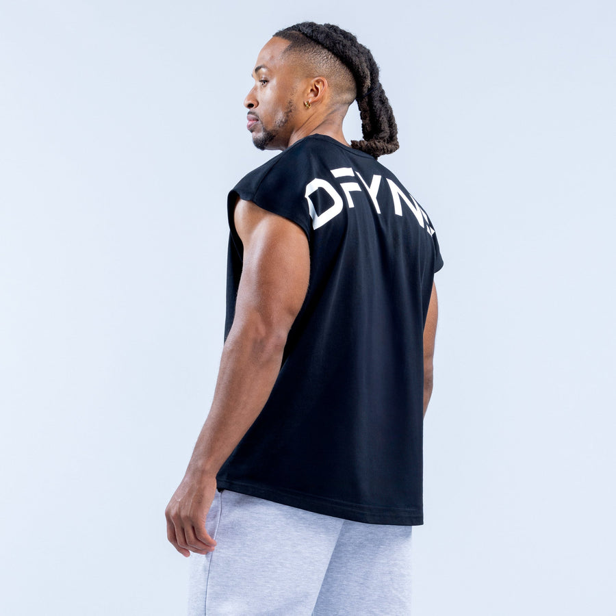 Black sleeveless Signature tank with DFYN back print, angled side view