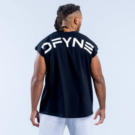 Black sleeveless crew-neck Signature tank with DFYN back graphic across upper back