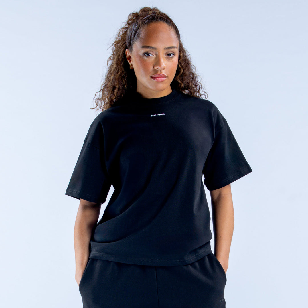 Women's boxy tee, dark navy/black with small chest logo