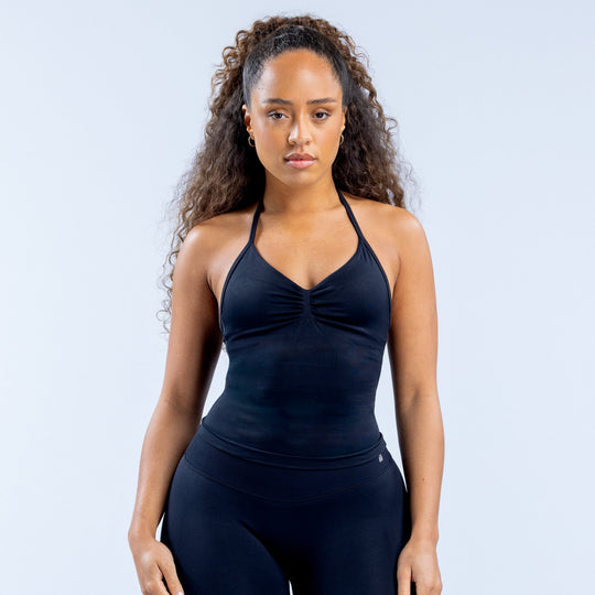 Dark navy longline strappy halter top with ruched bust and fitted long hem.