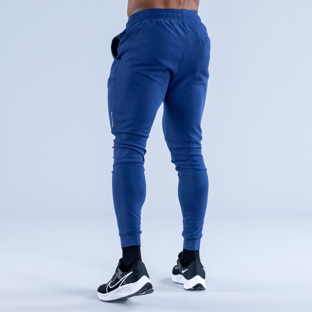 Blue tapered jogger pants, elastic waist and cuffed ankles, rear view