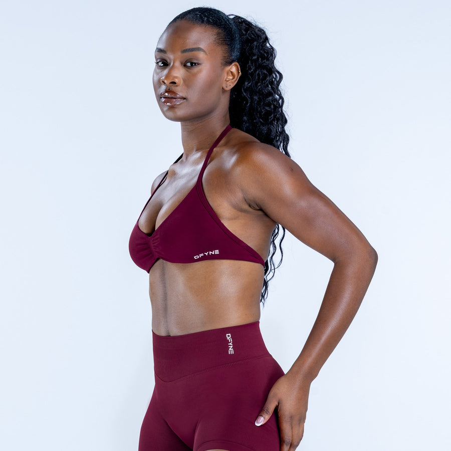 Impact strappy bra, maroon halter straps and gathered center front