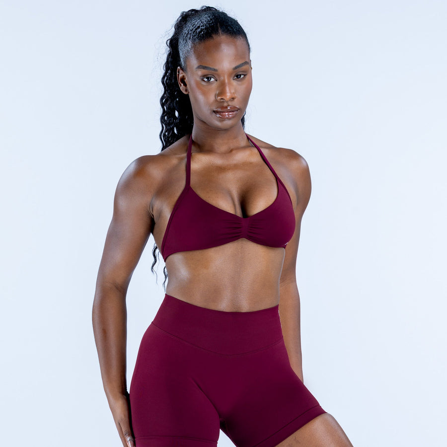 Impact strappy bra maroon with V-neck cups and thin halter straps