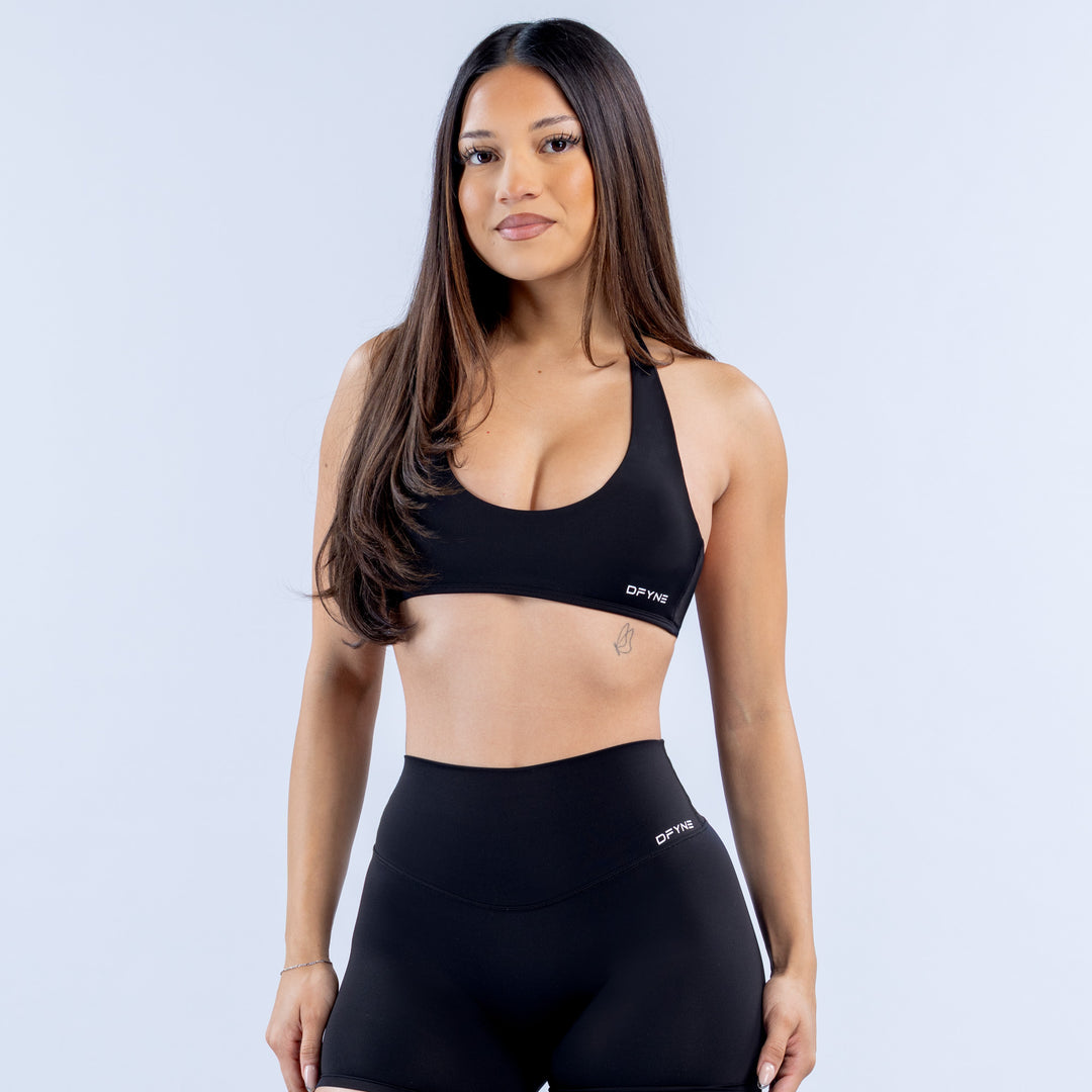 Black halter bra with smooth cups and open back design