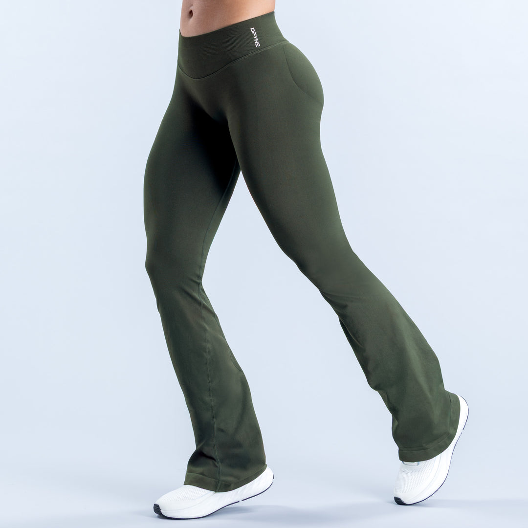 Dark green flared leggings with a high waistband, shown from the front and side.