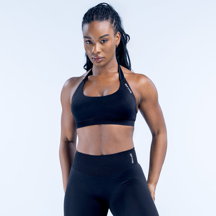 Black high-impact sports bra with racerback and cutout strap detail
