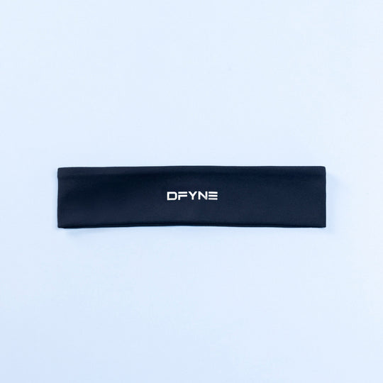 Wide DFYNE logo headband in dark navy, flat stretch band