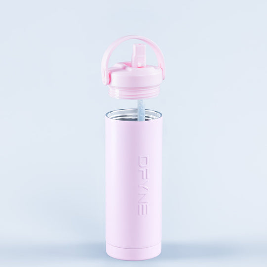 Pink water bottle with flip spout and drinking straw