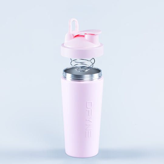 Pink shaker bottle with flip-top lid and carrying loop, stainless steel base