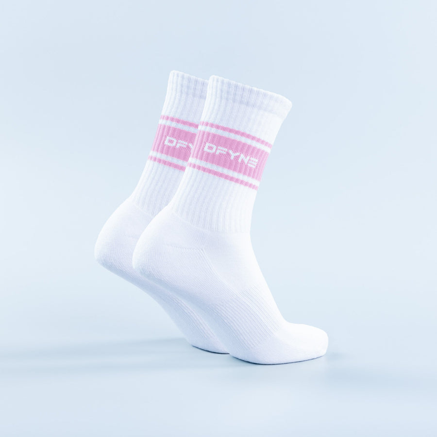 White crew sports socks with pink stripe and logo