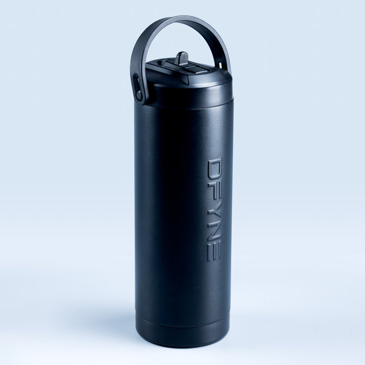 Black insulated water bottle with carry handle and flip-top lid