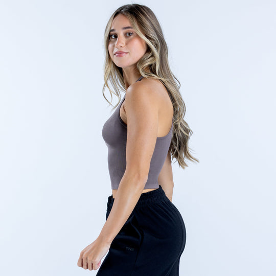 Ribbed halter vest side view, dark taupe sleeveless top with cropped fit