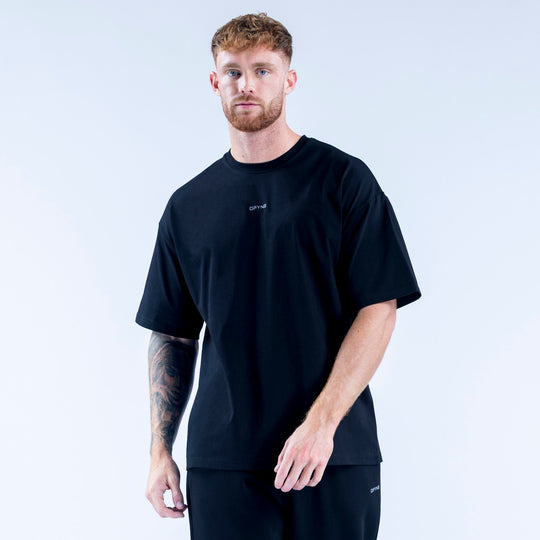 Men's black crew-neck graphic T-shirt with small chest logo
