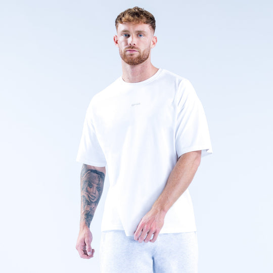 White graphic T-shirt with small chest logo