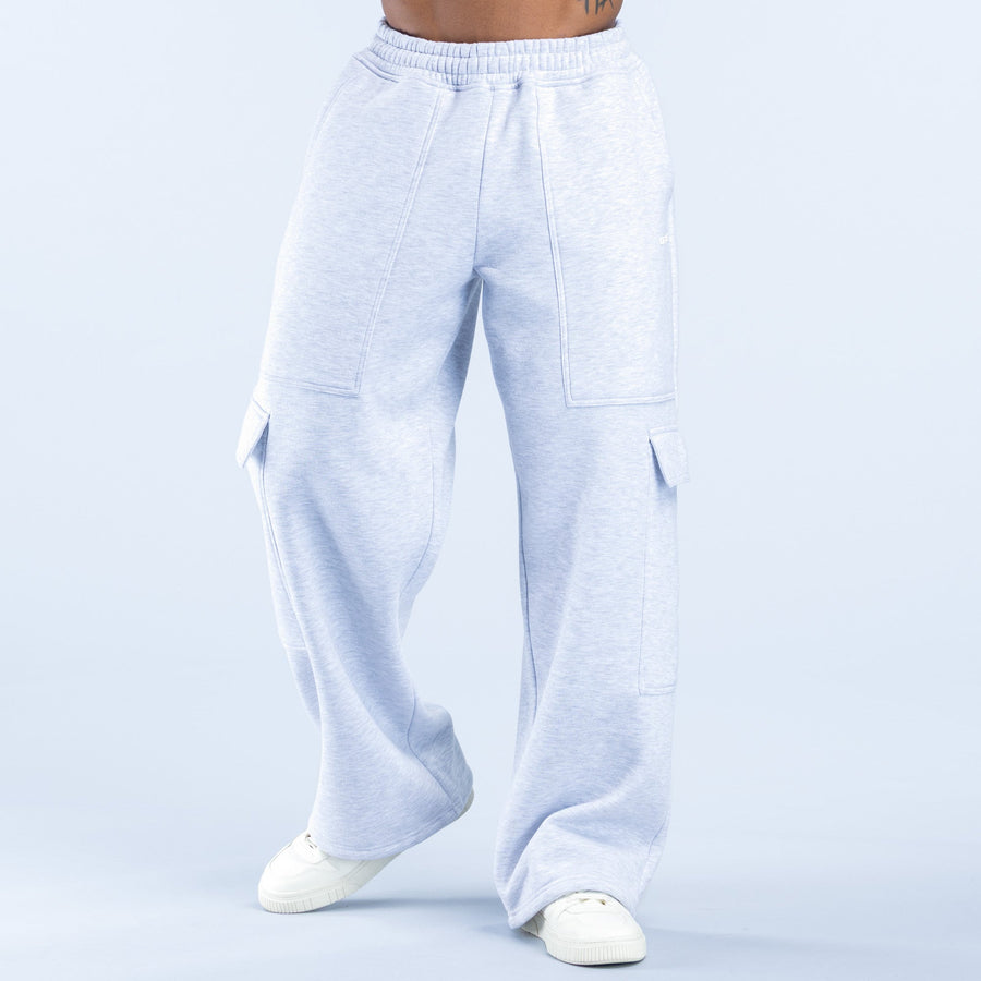 Light blue straight-leg cargo joggers with elastic waistband and front drawstring