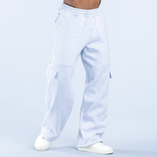 Light blue cargo joggers with straight leg, large side pockets, and elastic waist
