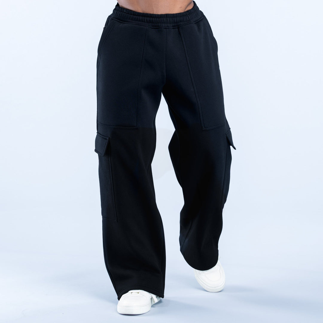 Black straight-leg cargo joggers with side cargo flap pockets and elastic waist
