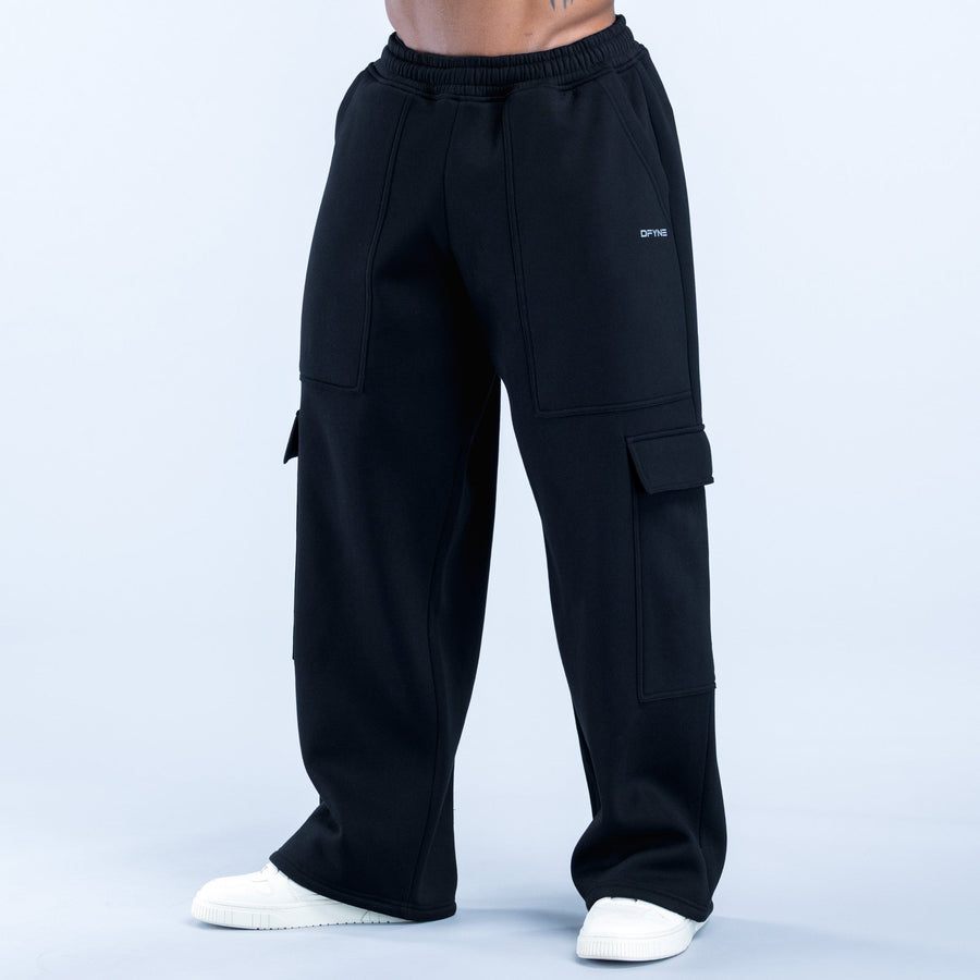 Black straight-leg cargo joggers with side cargo pocket and small thigh logo