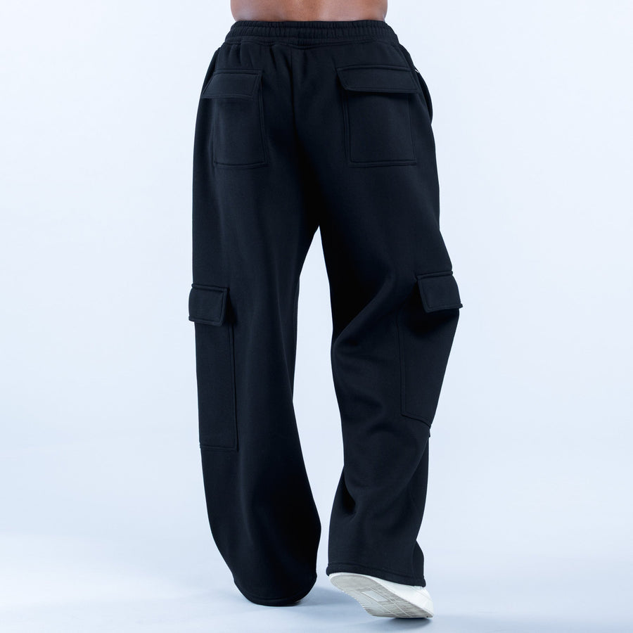 Black straight-leg cargo joggers with elastic waistband and rear pocket panels