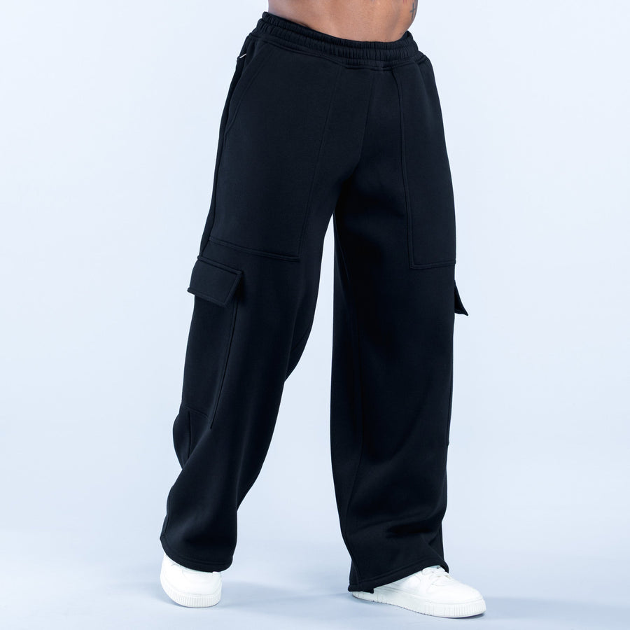 Black straight-leg cargo joggers with cargo flap pockets and elastic drawcord waist