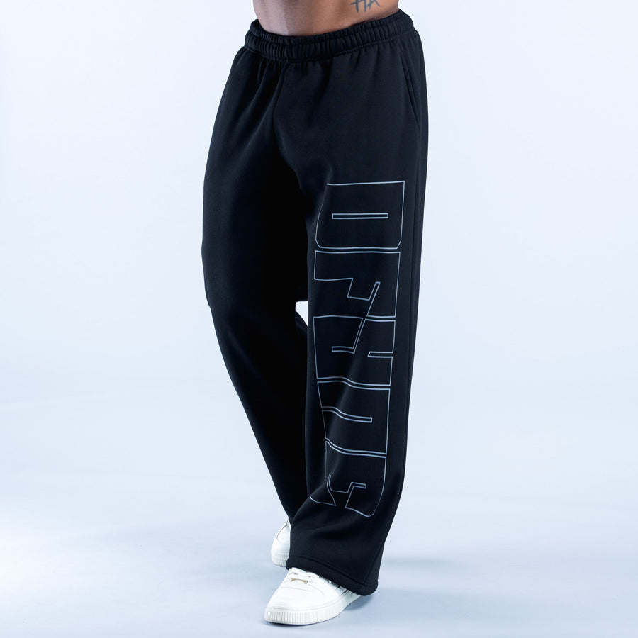 Black straight-leg joggers with blue outlined graphic on the side
