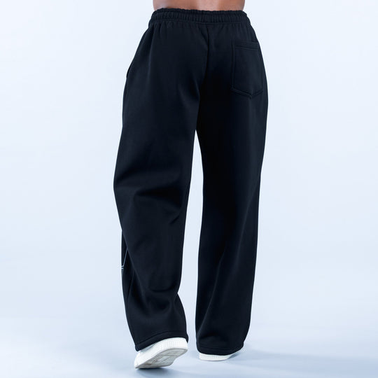 Black straight-leg joggers with elastic waistband and side pocket