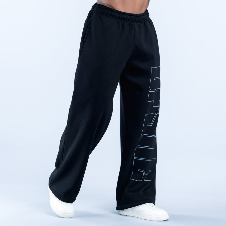 Black straight-leg joggers with blue geometric graphic along one leg