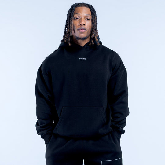 Black pullover hoodie with hood and kangaroo pocket, small chest logo detail